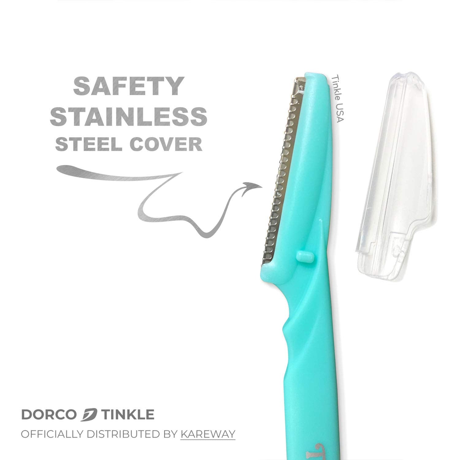 DORCO Tinkle tool shown on face and neck for precise hair removal.