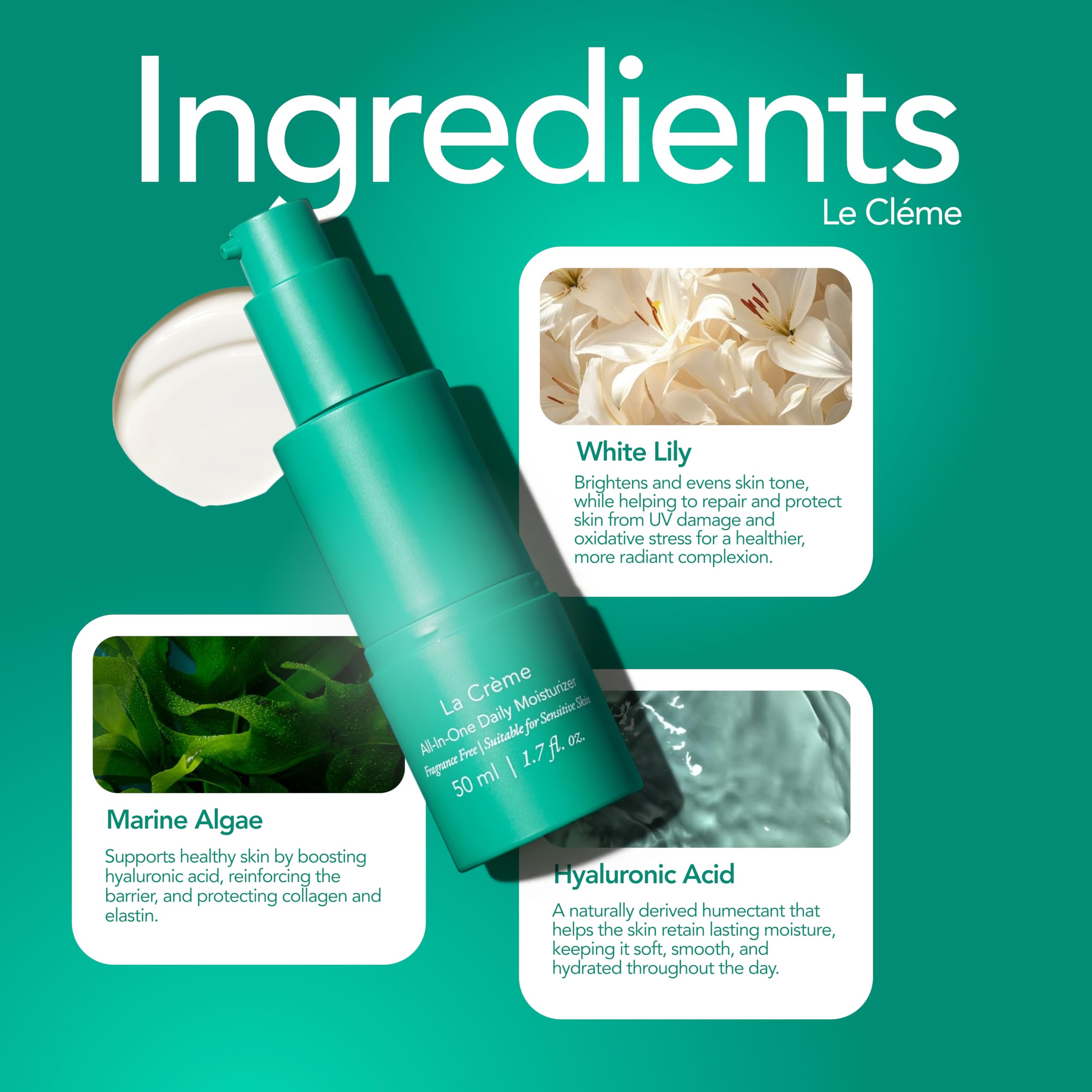 Doré La Crème ingredients hyaluronic acid illustrate moisture retention benefits.