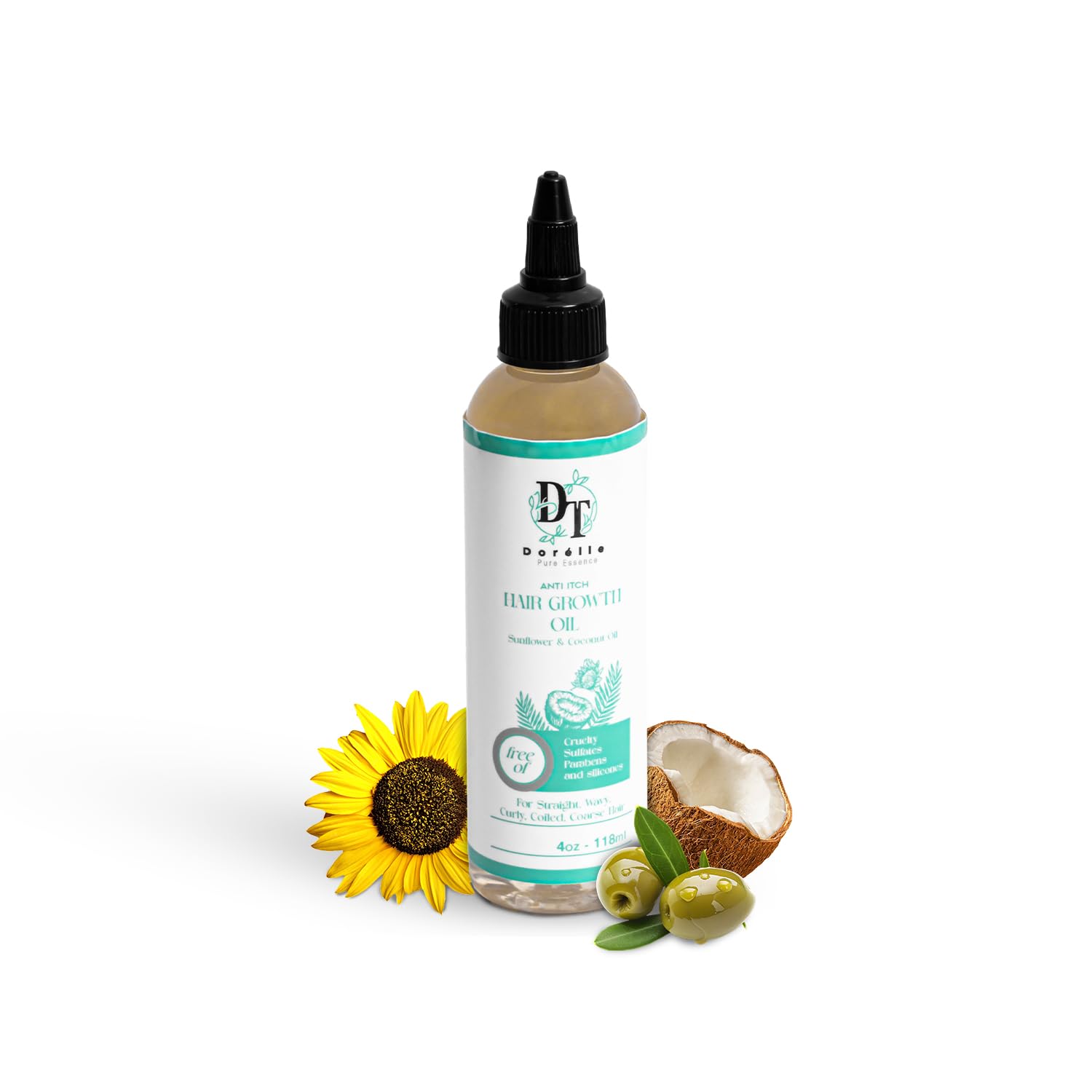 Dorelle Pure Essence hair growth oil bottle with nourishing blend for curls
