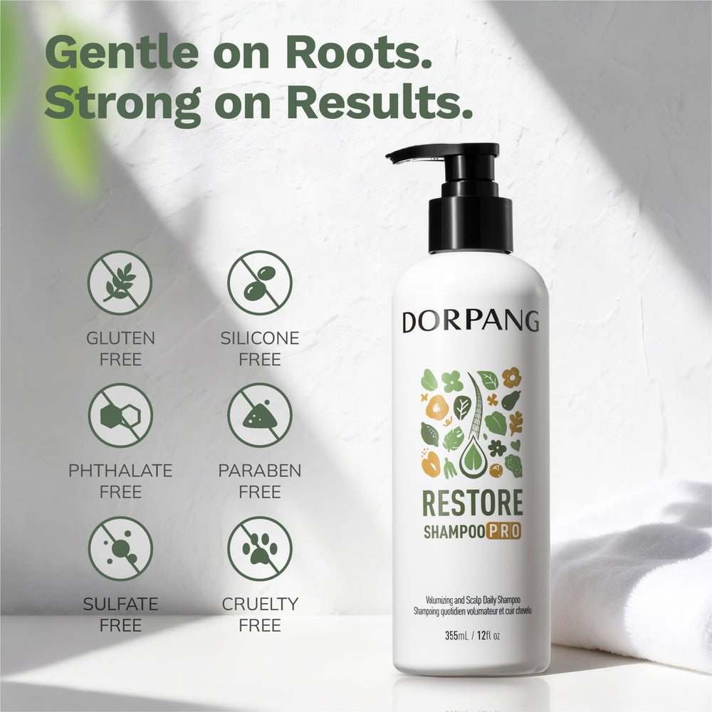 DORPANG Restore Shampoo bottle with ingredient visuals promoting scalp health.