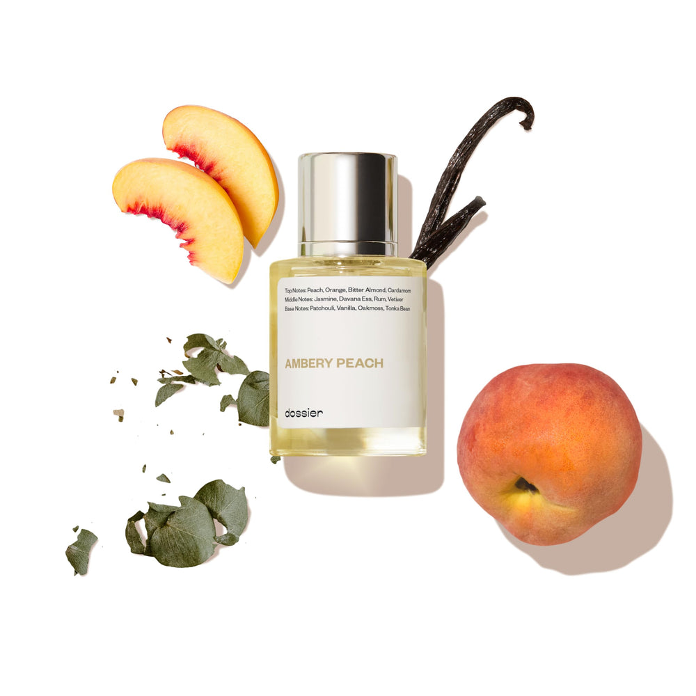 Dossier Ambery Peach bottle front view with minimalist design and lasting impression.