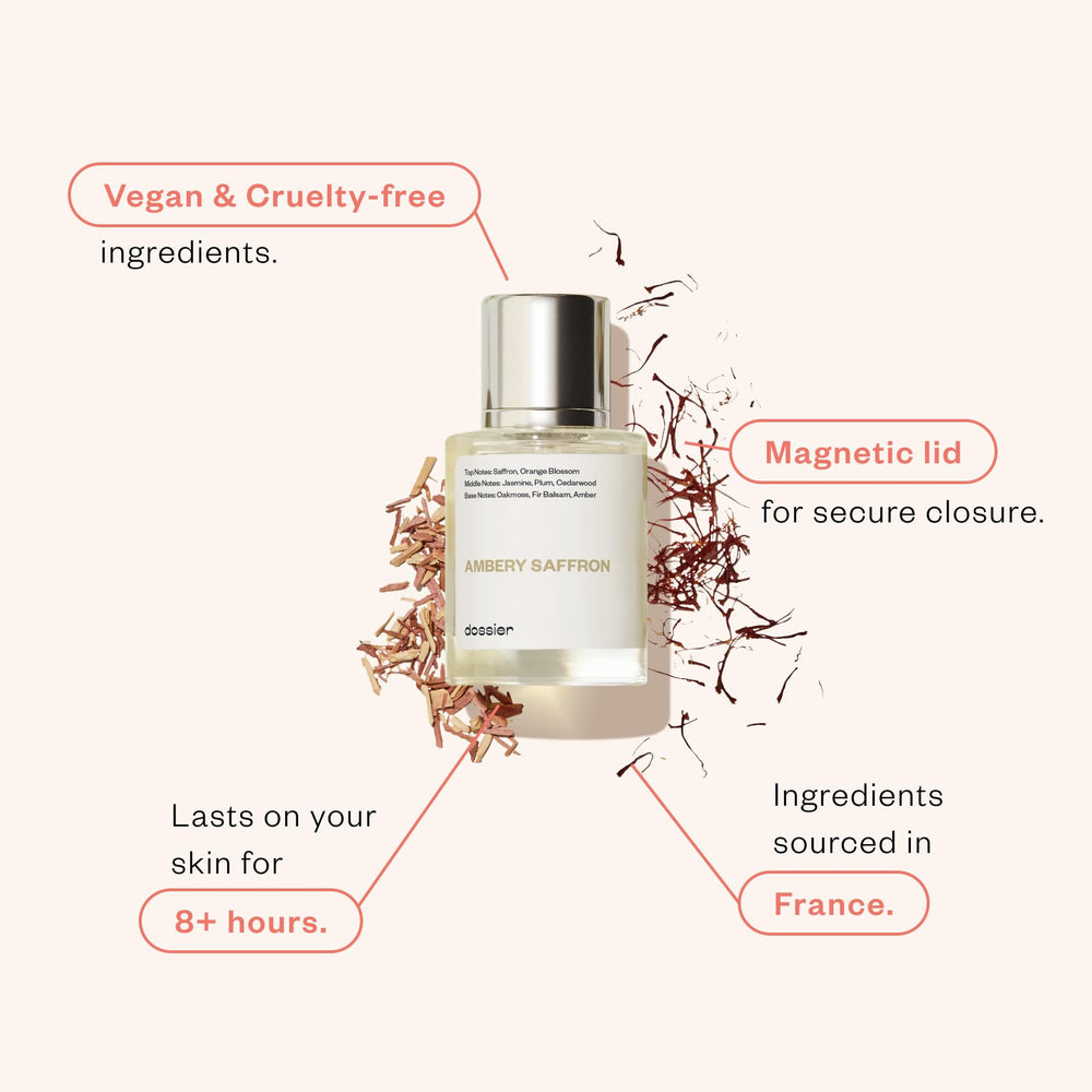 Dossier Ambery Saffron bottle pour captures the aroma release moment.