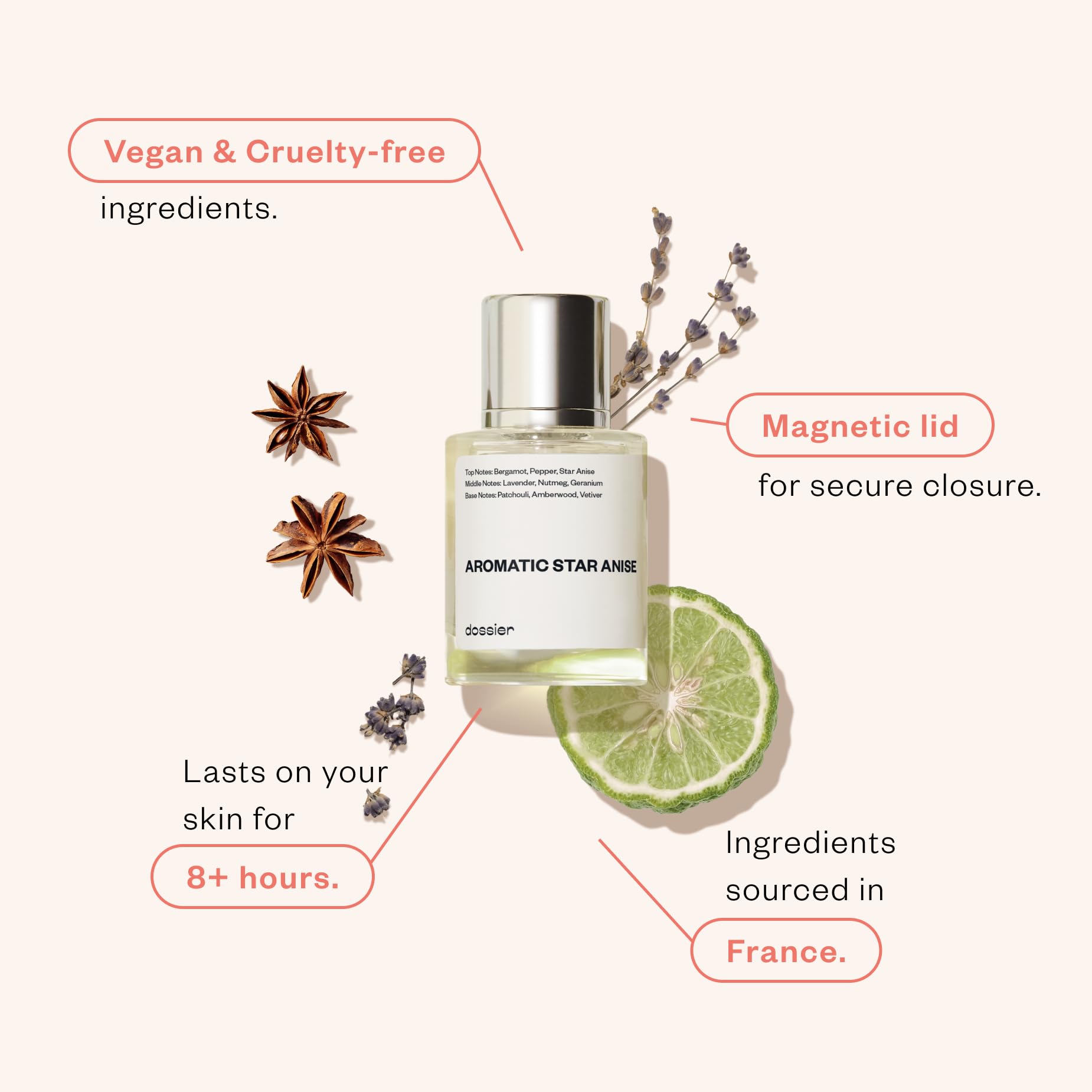 Dossier Aromatic Star Anise bottle back highlights long-lasting fragrance and premium ingredients.