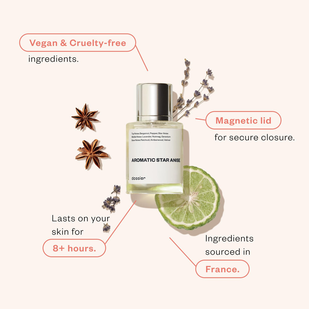 Dossier Aromatic Star Anise bottle back highlights long-lasting fragrance and premium ingredients.