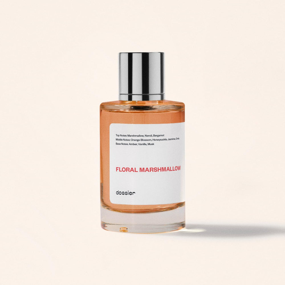 Dossier Floral Marshmallow scent essence illustrates amber and vanilla base warmth.
