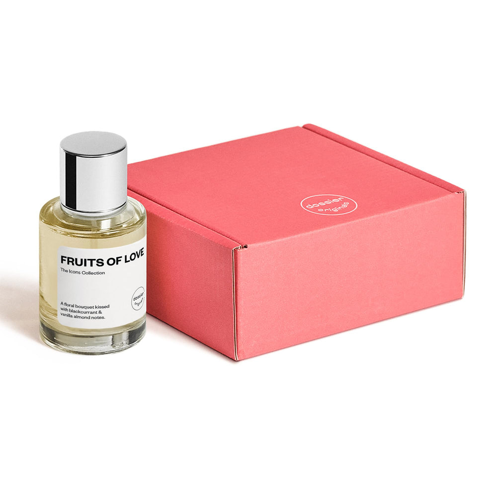 Dossier Fruits of Love bottle silhouette with soft lighting highlights vegan formula.
