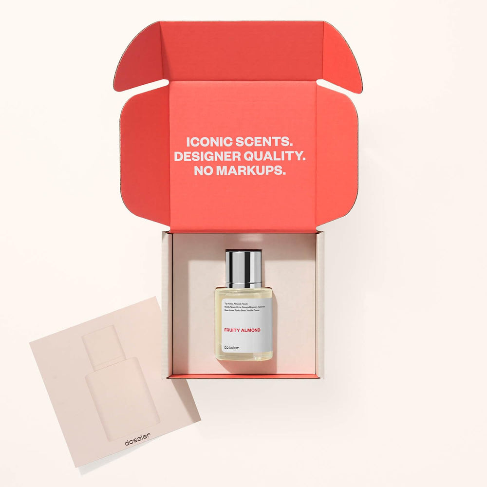 Dossier Fruity Almond bottle on dresser for everyday fragrance routine