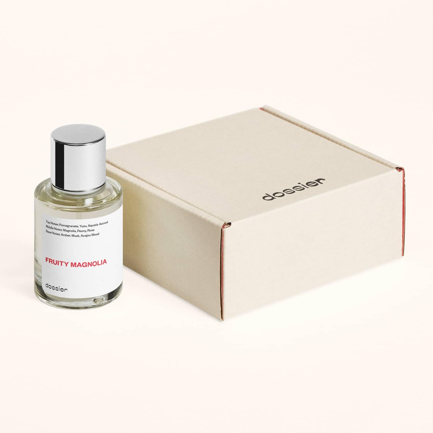 Dossier Fruity Magnolia woman-apply depicts an elegant fragrance application moment.