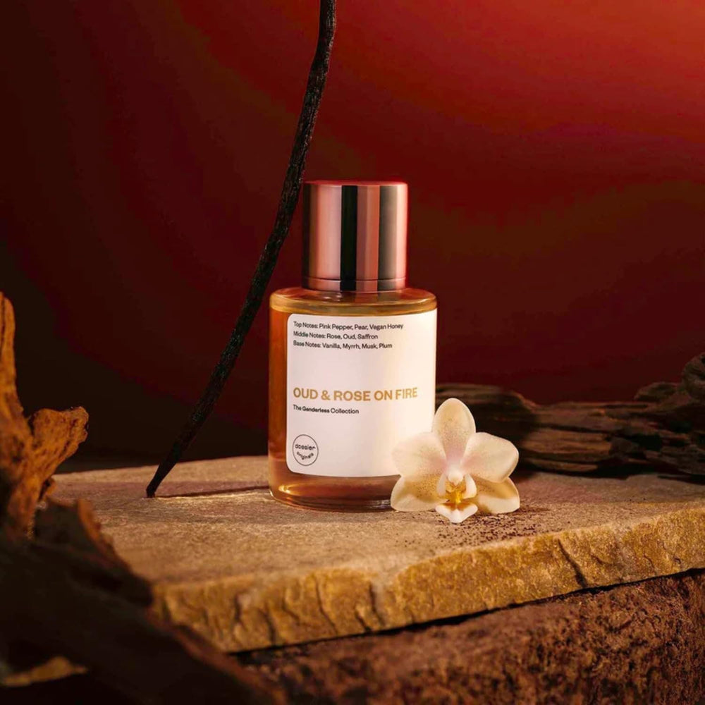 Cap and label close-up on Dossier Original Oud & Rose on Fire showing premium detailing
