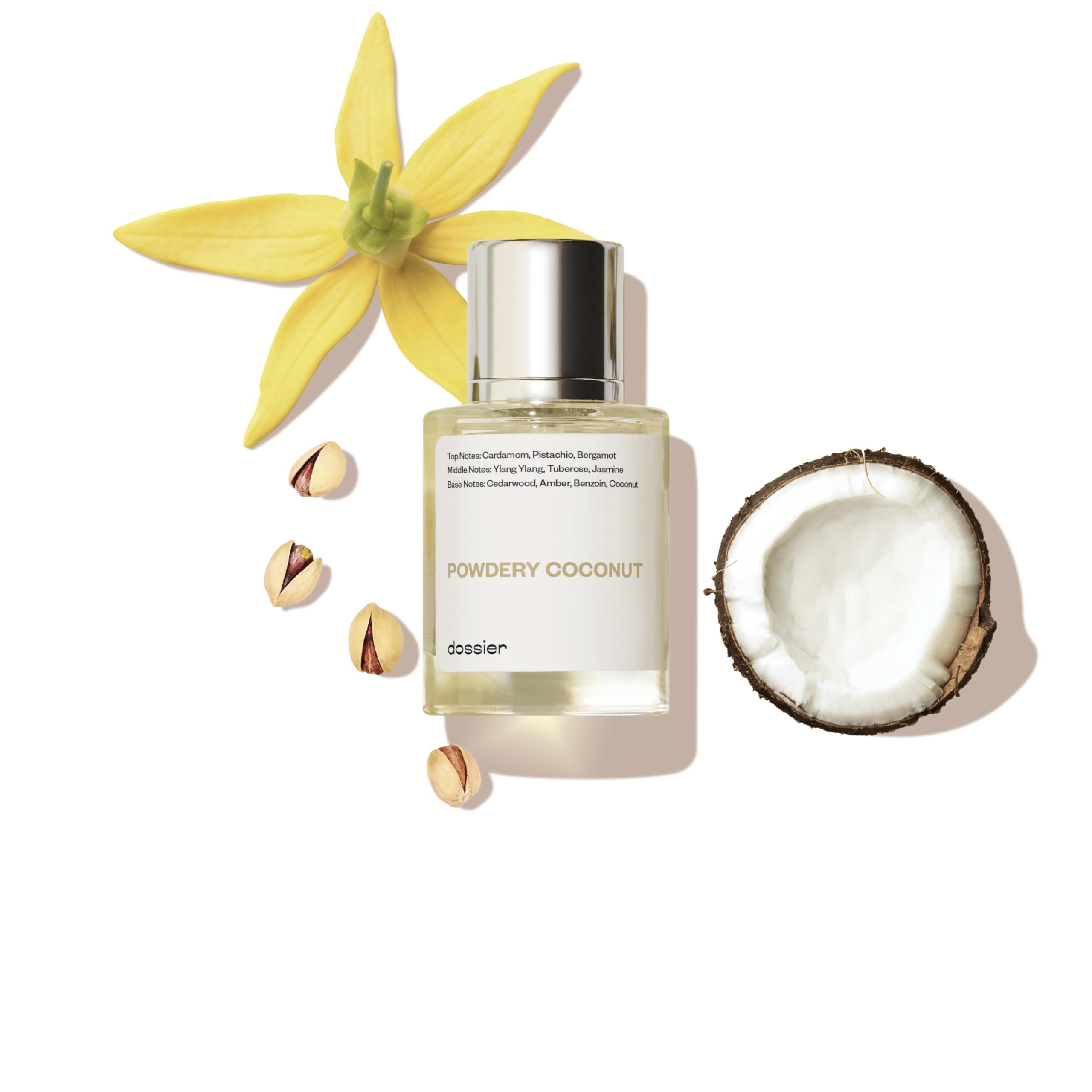 Dossier Powdery Coconut bottle front view shows unisex, versatile fragrance