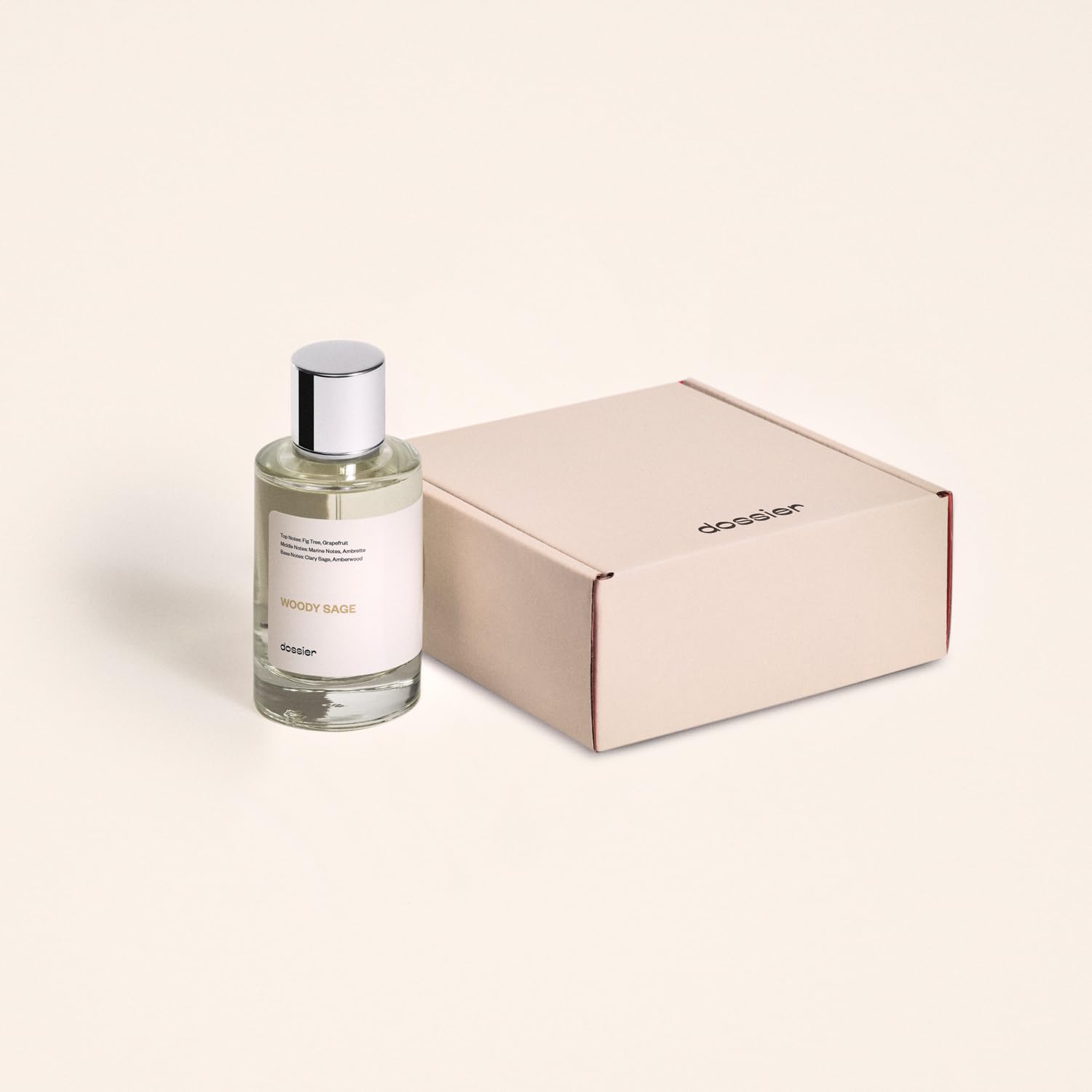Dossier Woody Sage side view suggests balanced, versatile scent.