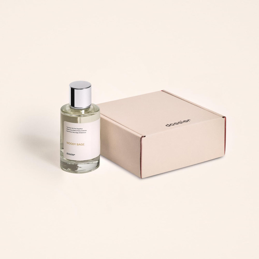 Dossier Woody Sage side view suggests balanced, versatile scent.