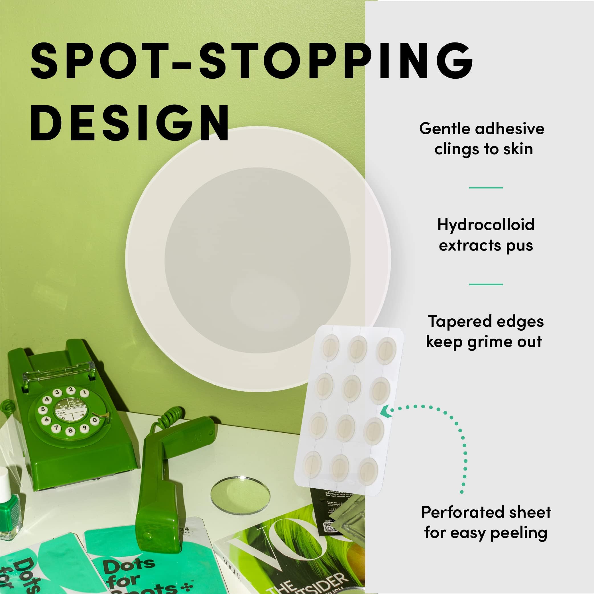 Dots for Spots patches made in Korea with hydrocolloid technology.