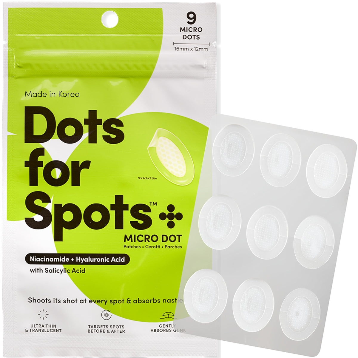 Dots for Spots patch packaging showing micro darts for targeted delivery