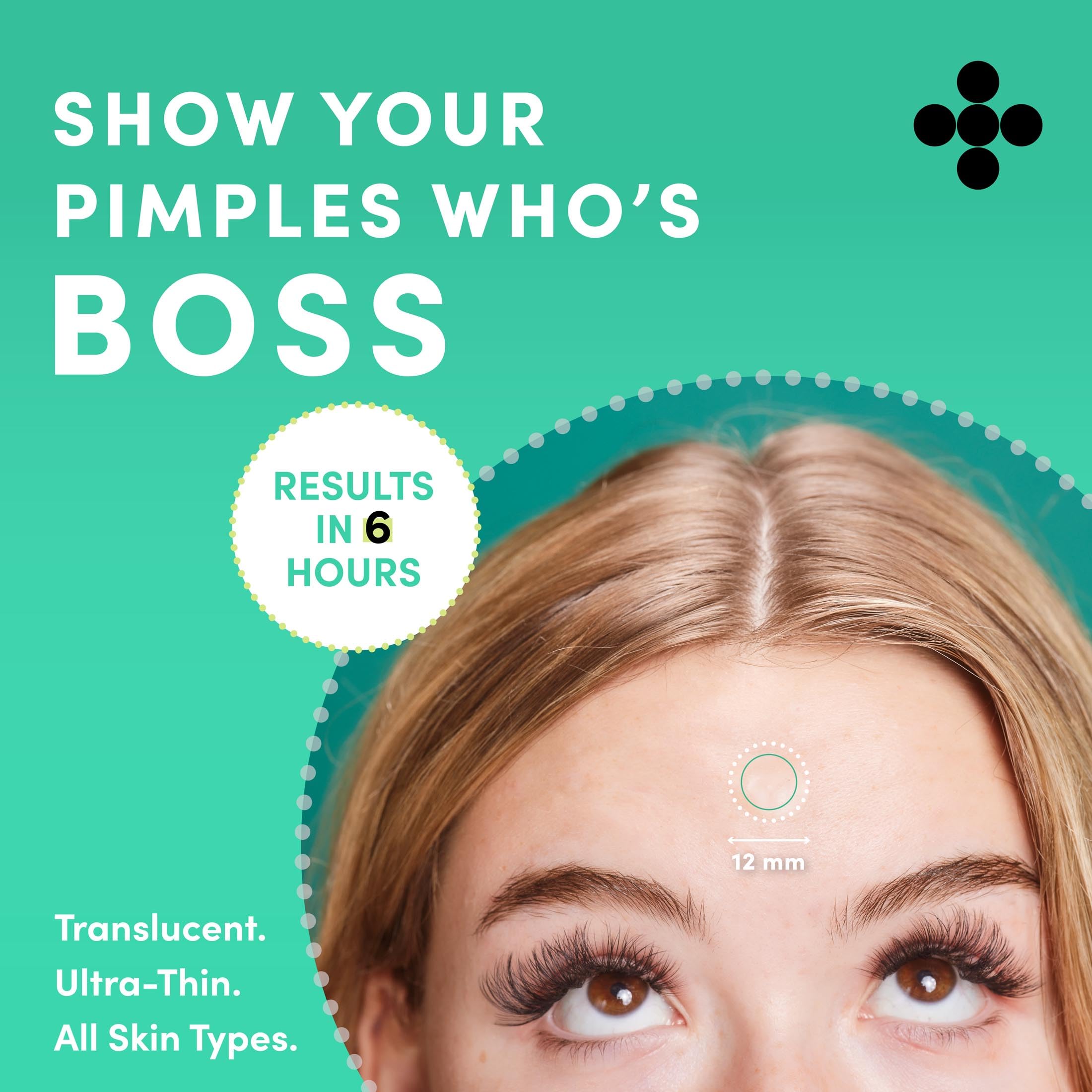 Dots for Spots ultra-thin patch with tapered edges fits discreetly on active blemishes.