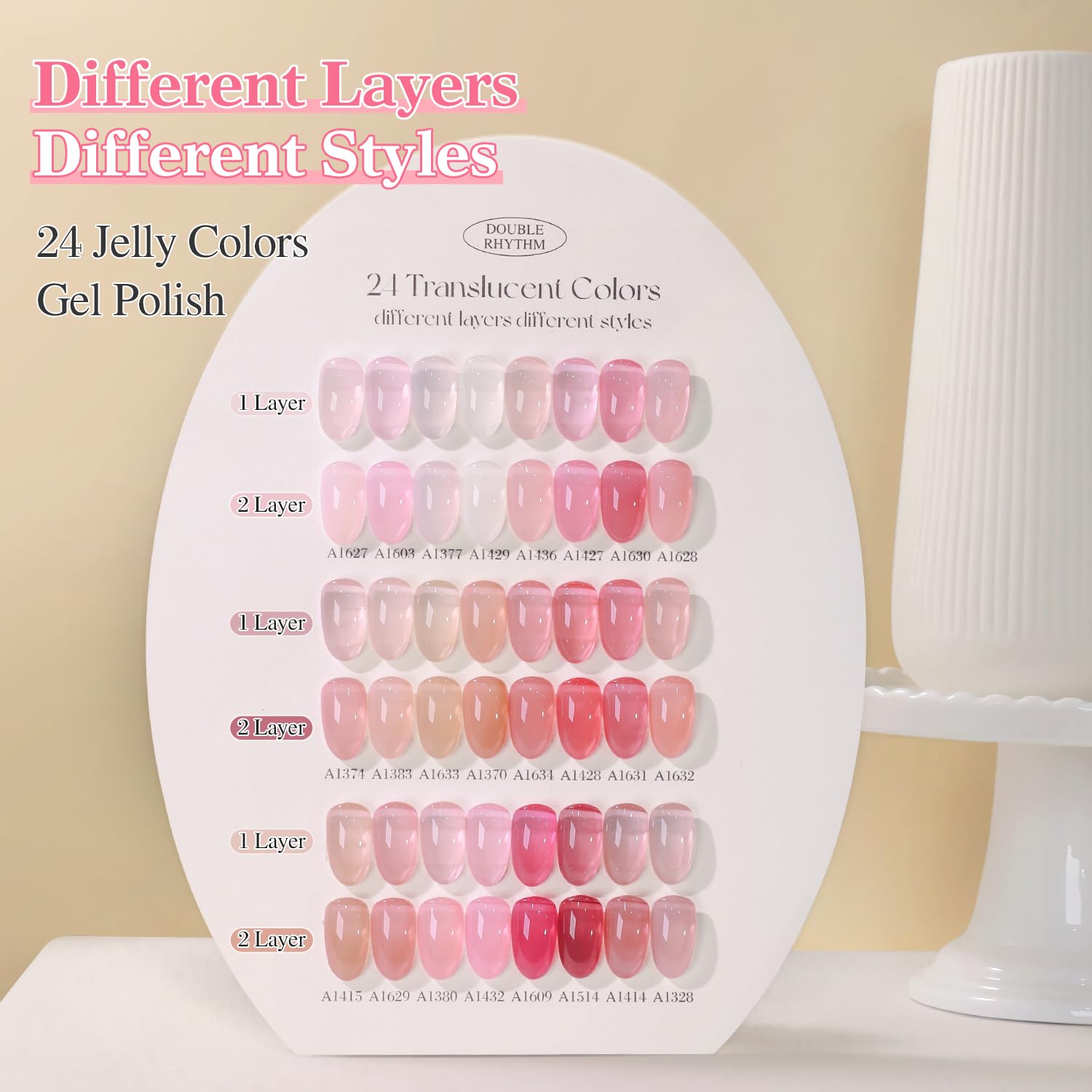 Double Rhythm 15ml gel polish bottles in a cohesive color family.