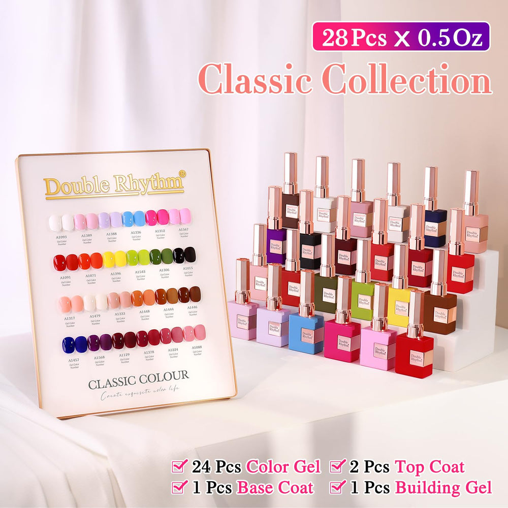 Double Rhythm 24 color gel polishes arranged for versatile at-home color options.