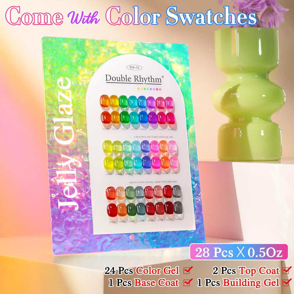 Double Rhythm 15ml gel polish bottles show bright pigments and smooth coverage.