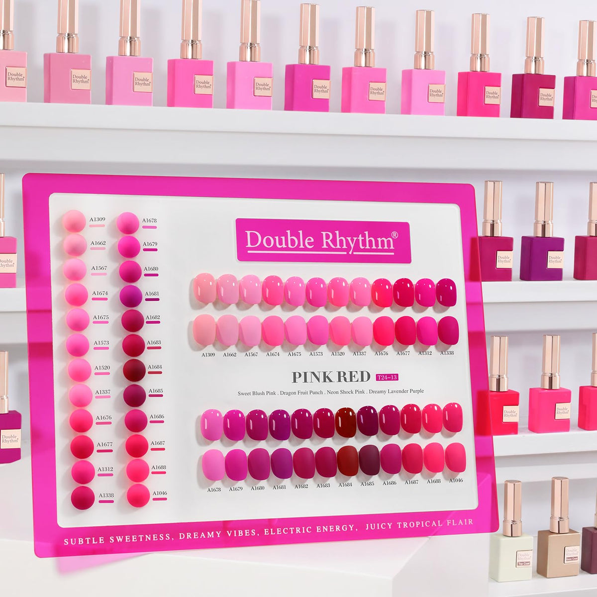 Double Rhythm 28Pcs gel polish set bottles on display, easy color selection for vibrant manicures.