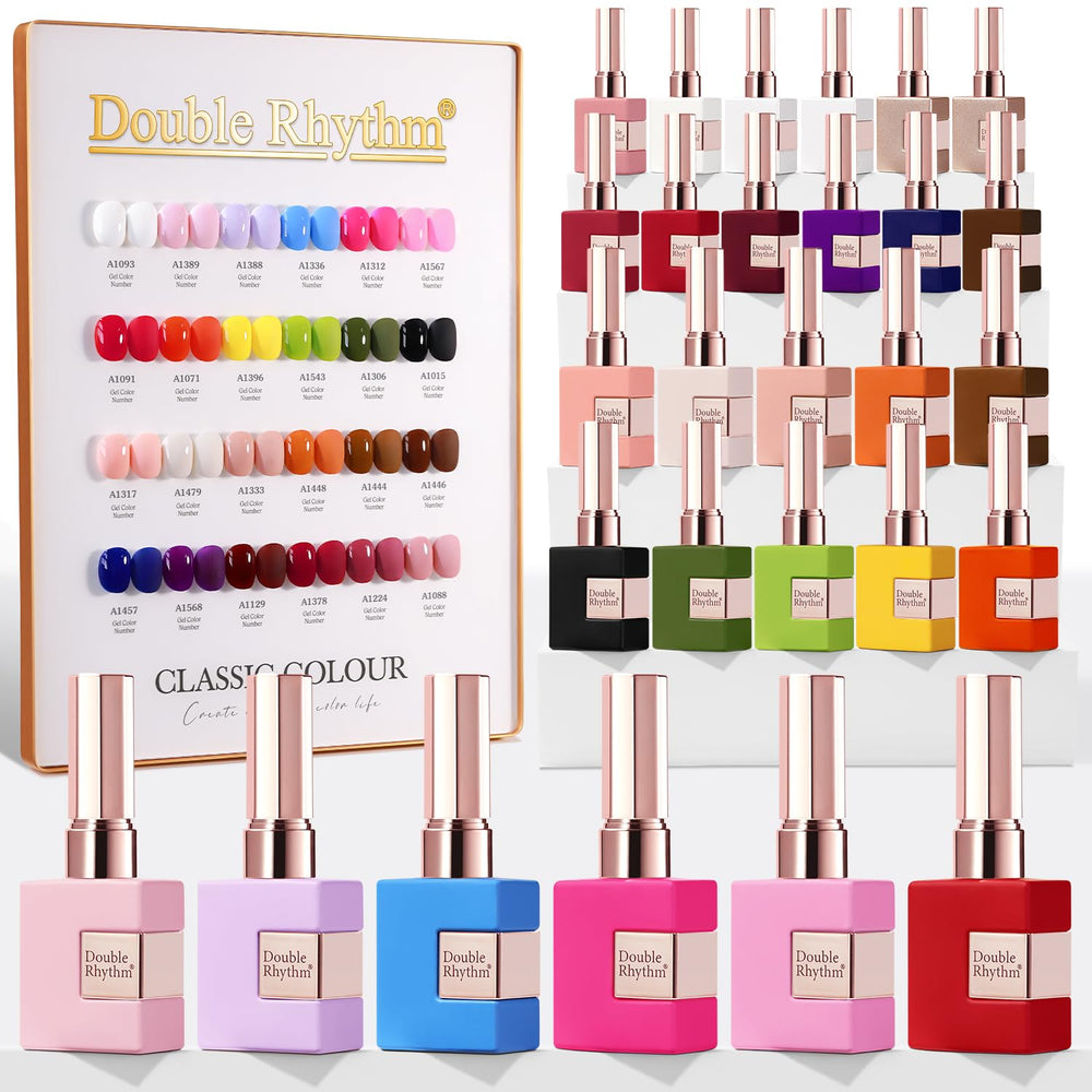 Double Rhythm 28Pcs gel polish bottles display a complete at-home manicure kit.