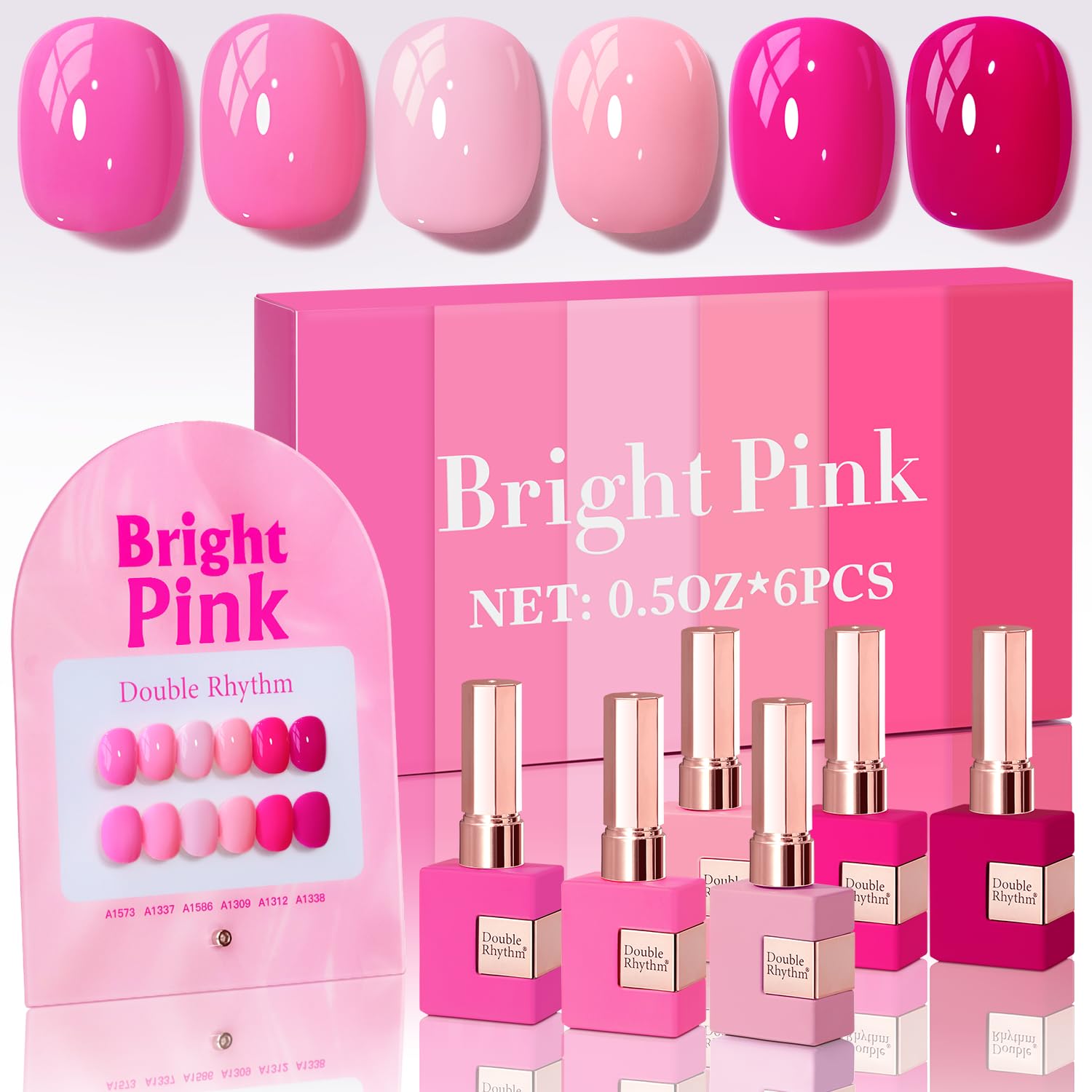 Double Rhythm gel polish bottle close-up in neon pink for brilliant at-home manicures.