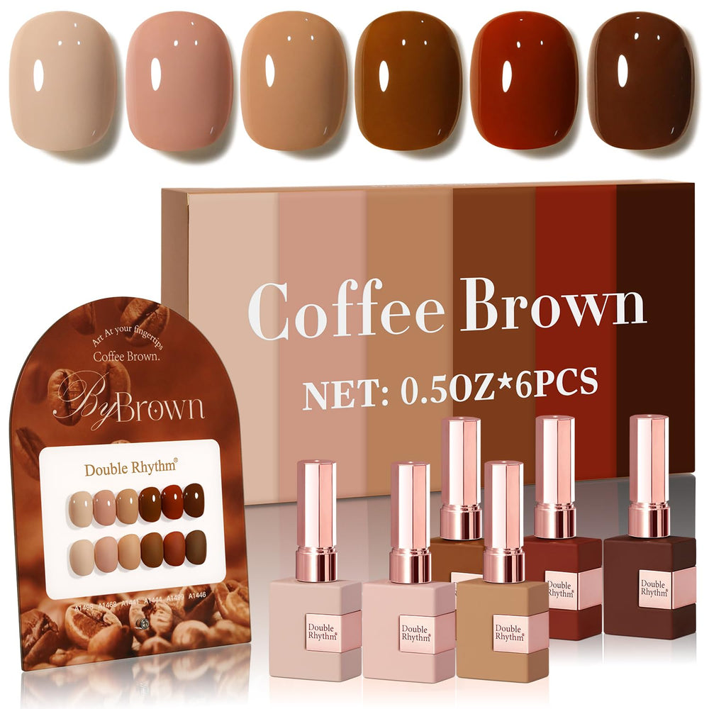 Double Rhythm 6pcs gel polish bottle set showcases coffee brown tones for salon-at-home style