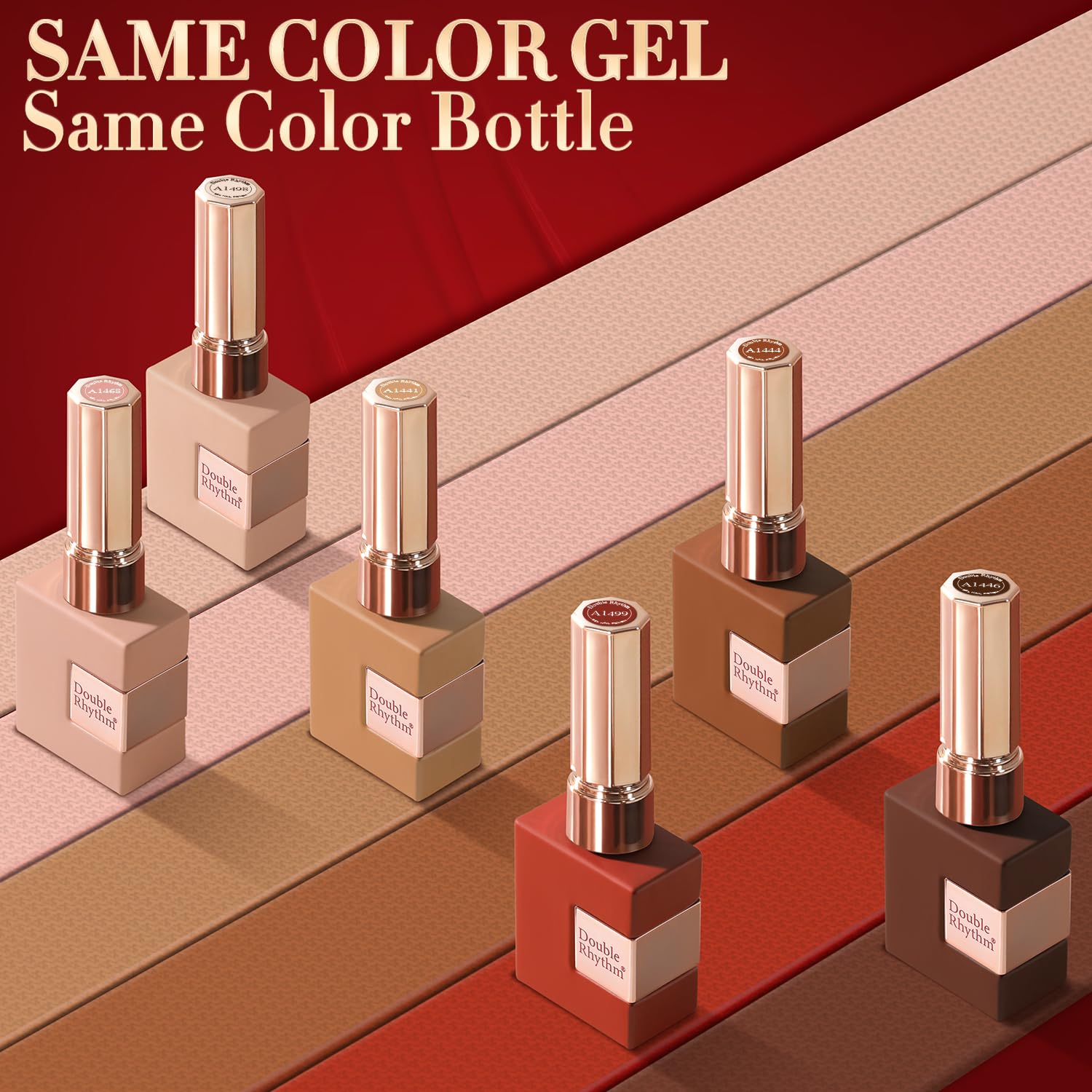 Double Rhythm gel polish bottle set in beige-pink tones for versatile day-to-night nails