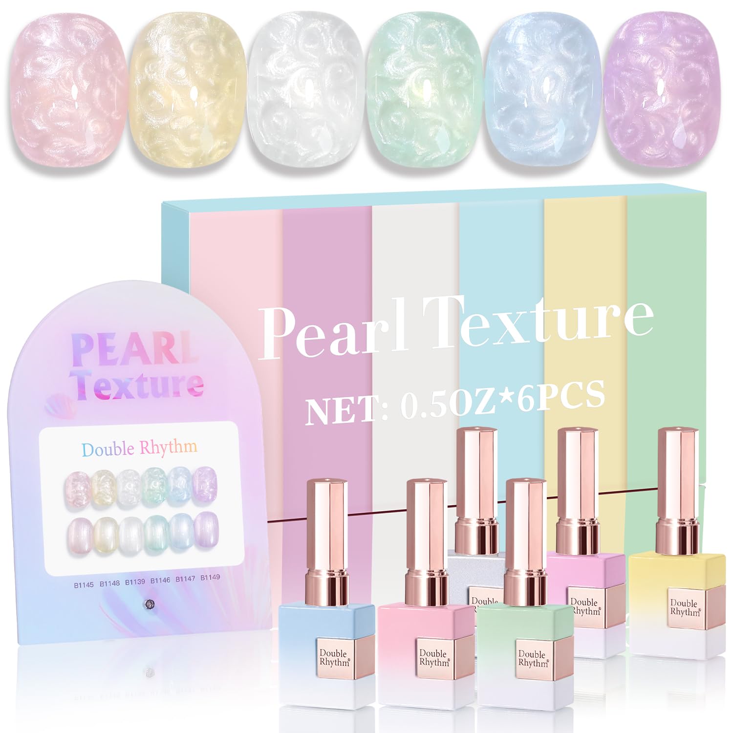 Double Rhythm gel polish set in pearl pink swatch for long-lasting color at home