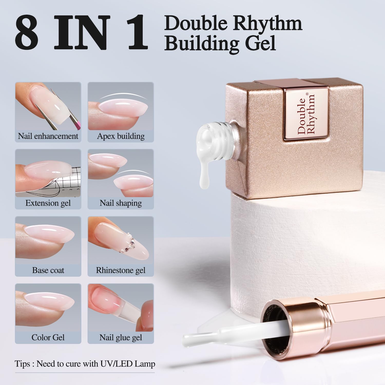 Double Rhythm 8-in-1 builder swatch showing length extension and shaping