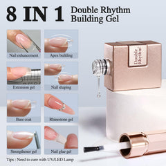 Double Rhythm 8-in-1 clear builder gel demonstrating versatile nail-building capabilities.
