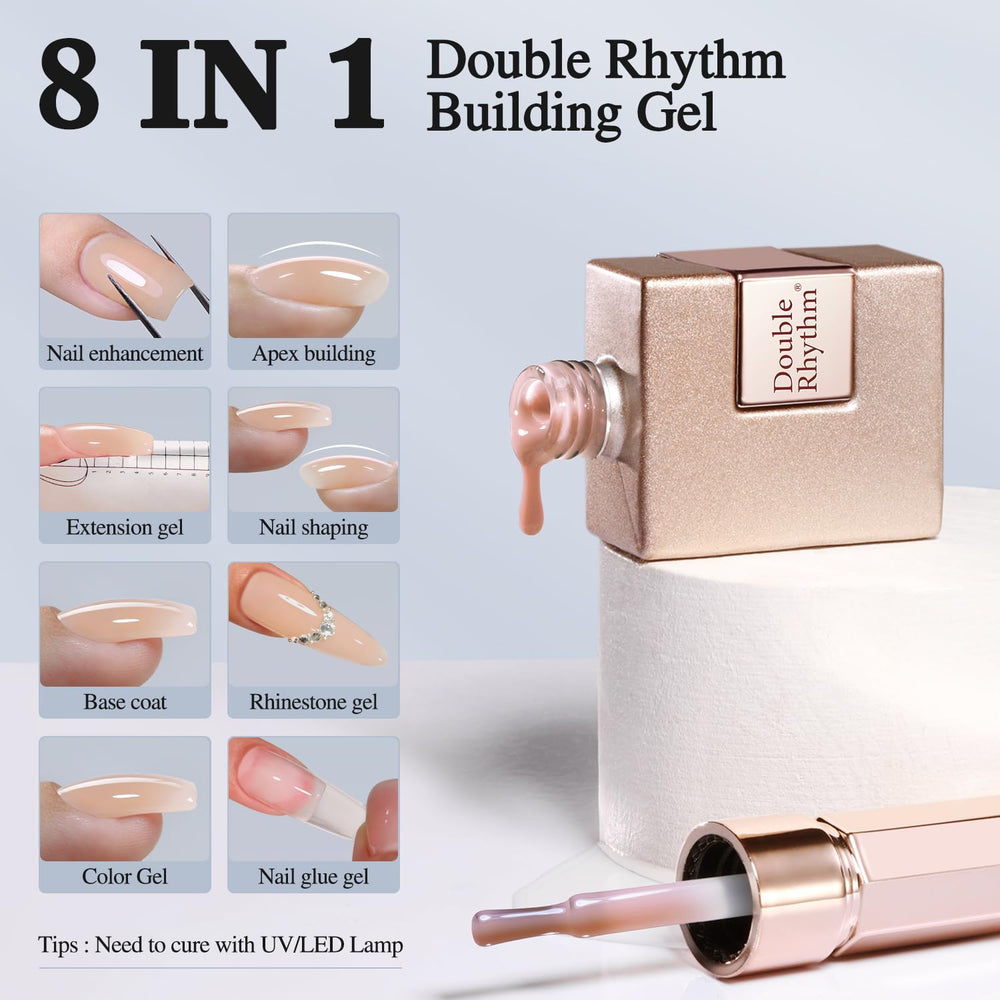 Double Rhythm 8-in-1 gel application enabling apex build and length.