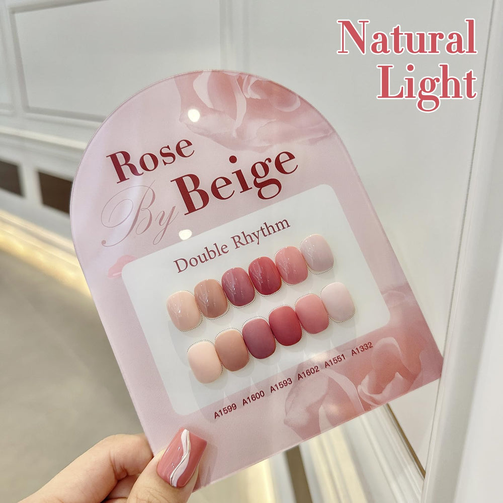 Double Rhythm at-home manicure setup featuring rose-beige polish collection.