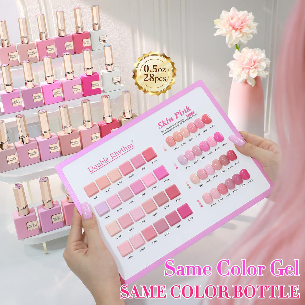 Double Rhythm base coat, top coat, and building gel lineup for durable color