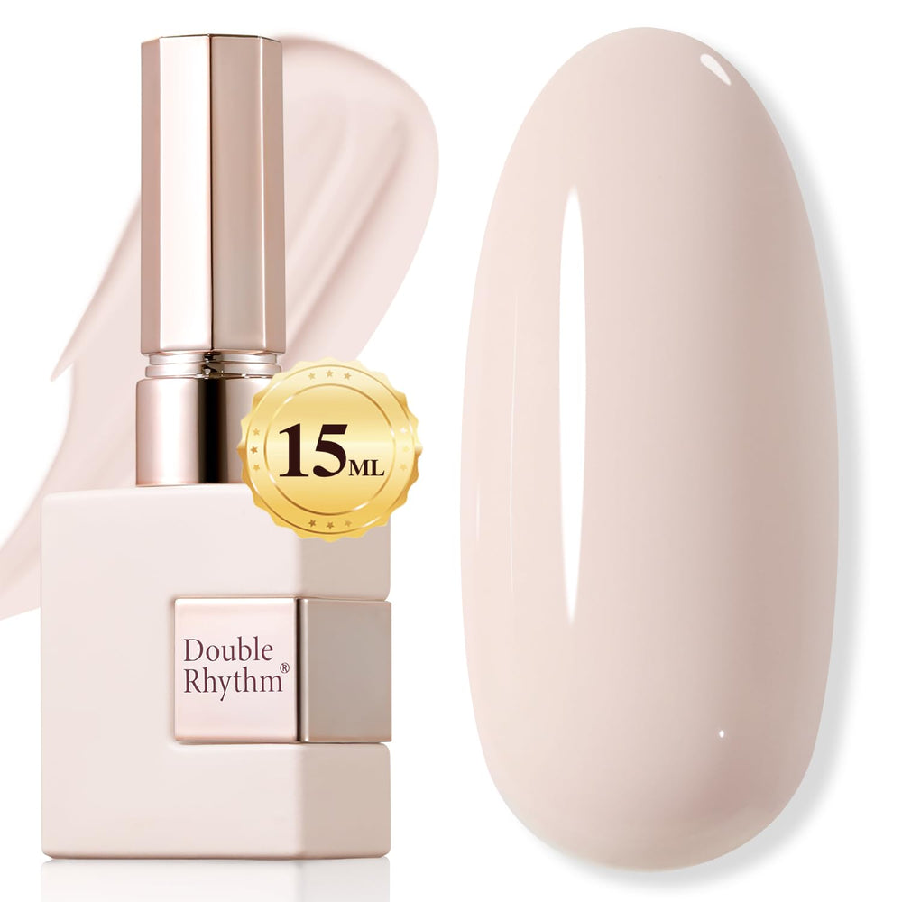 Double Rhythm beige-pink sheer gel polish swatch for natural everyday nails.