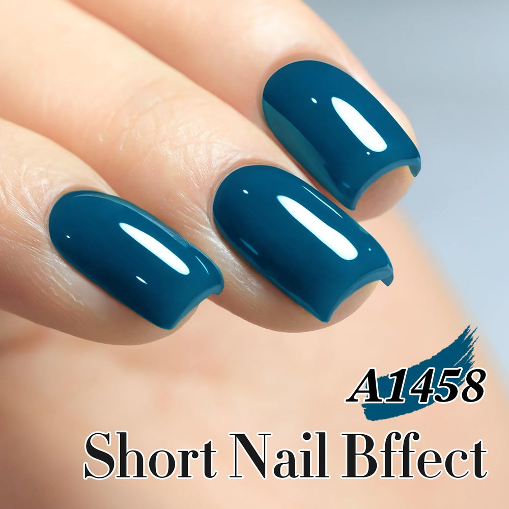 Double Rhythm blue A1458 gel polish swatch showing sheer color on nail tip