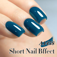 Double Rhythm blue A1458 gel polish swatch showing sheer color on nail tip
