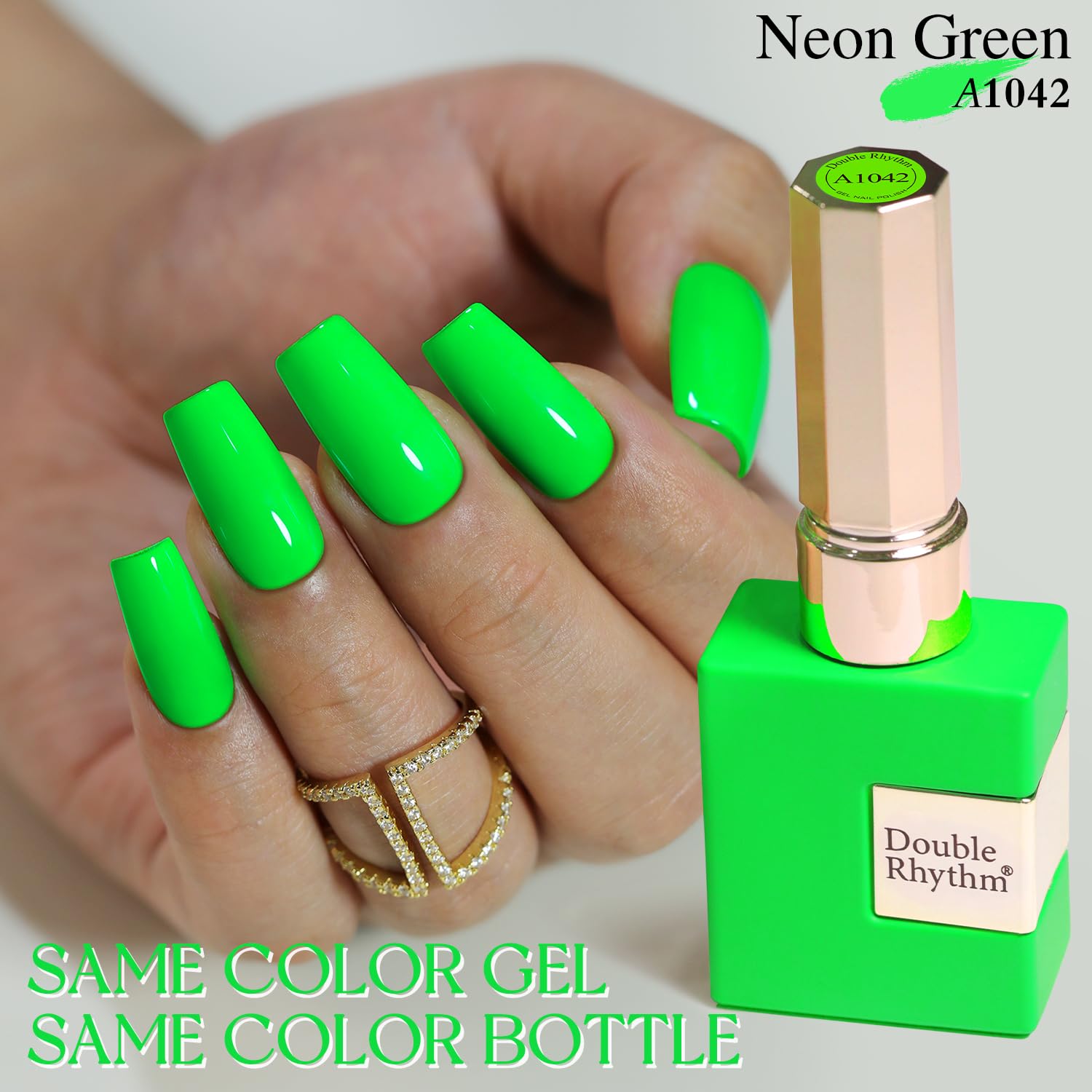 Double Rhythm bright green gel polish being applied for a sheer, vibrant look