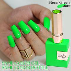 Double Rhythm bright green gel polish being applied for a sheer, vibrant look