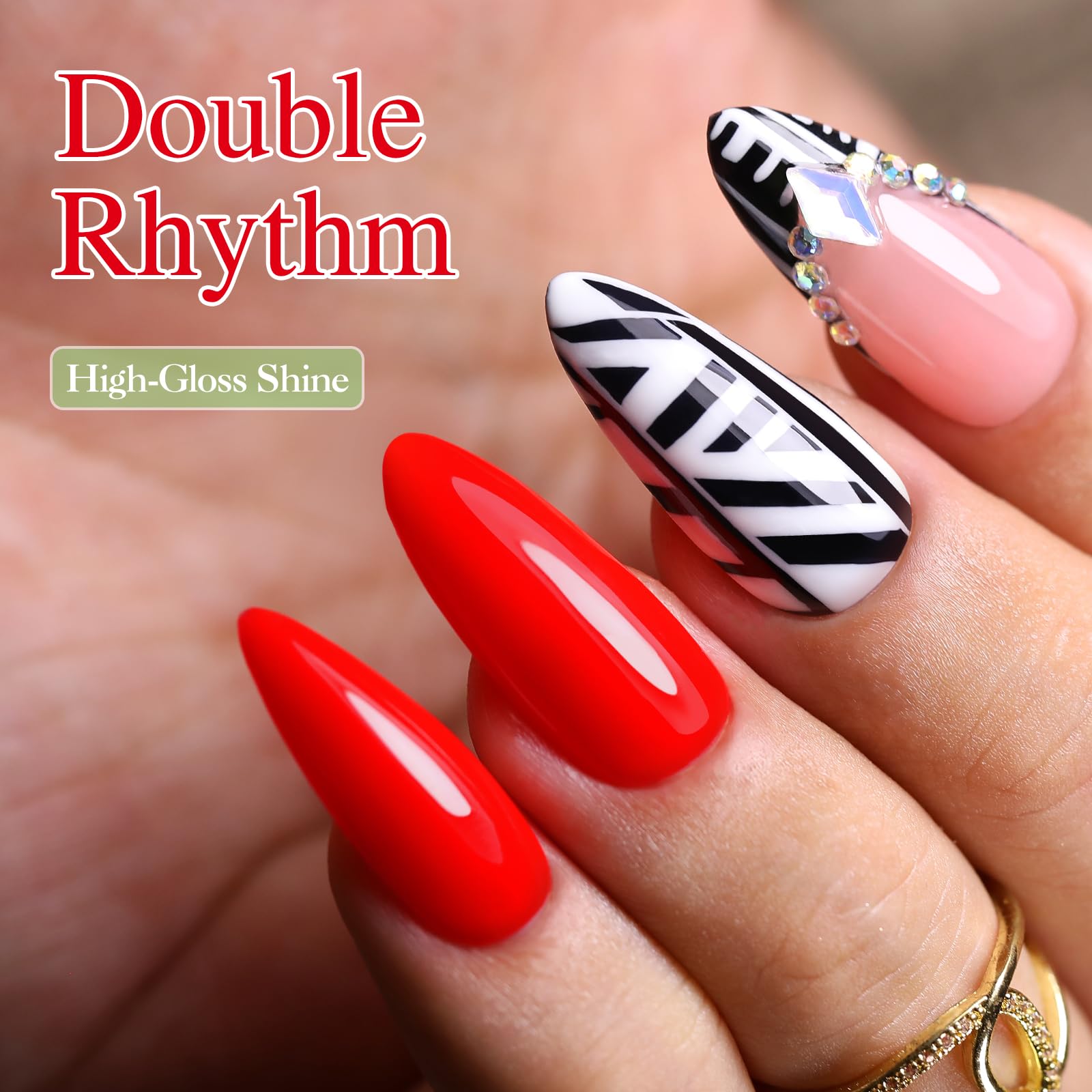 Double Rhythm 15ml gel polish bottle label visible for color verification.