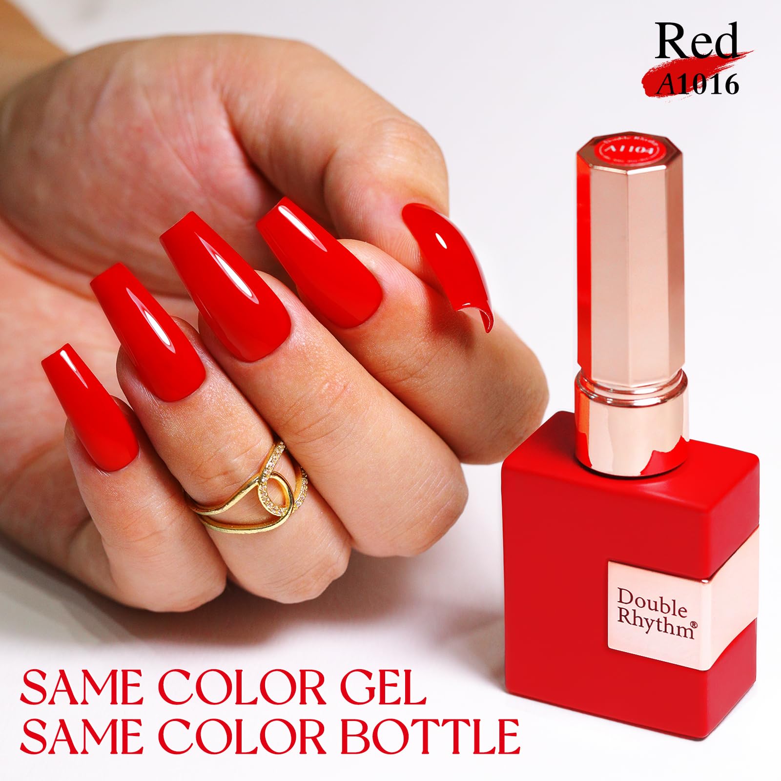 Double Rhythm bright red swatch on nail shows glossy finish.
