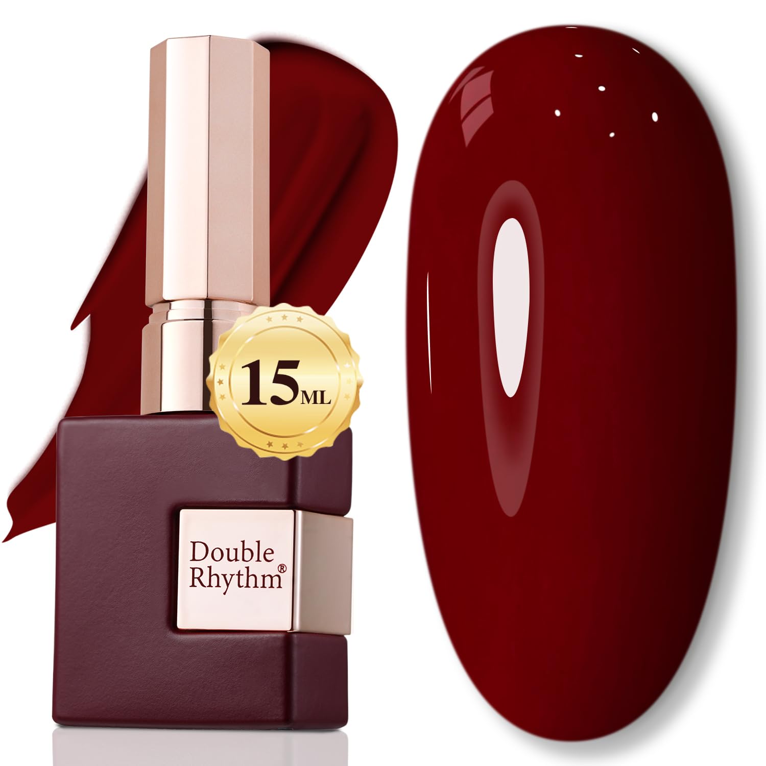Double Rhythm Burgundy 15ml bottle shows rich color for long-lasting manicure.