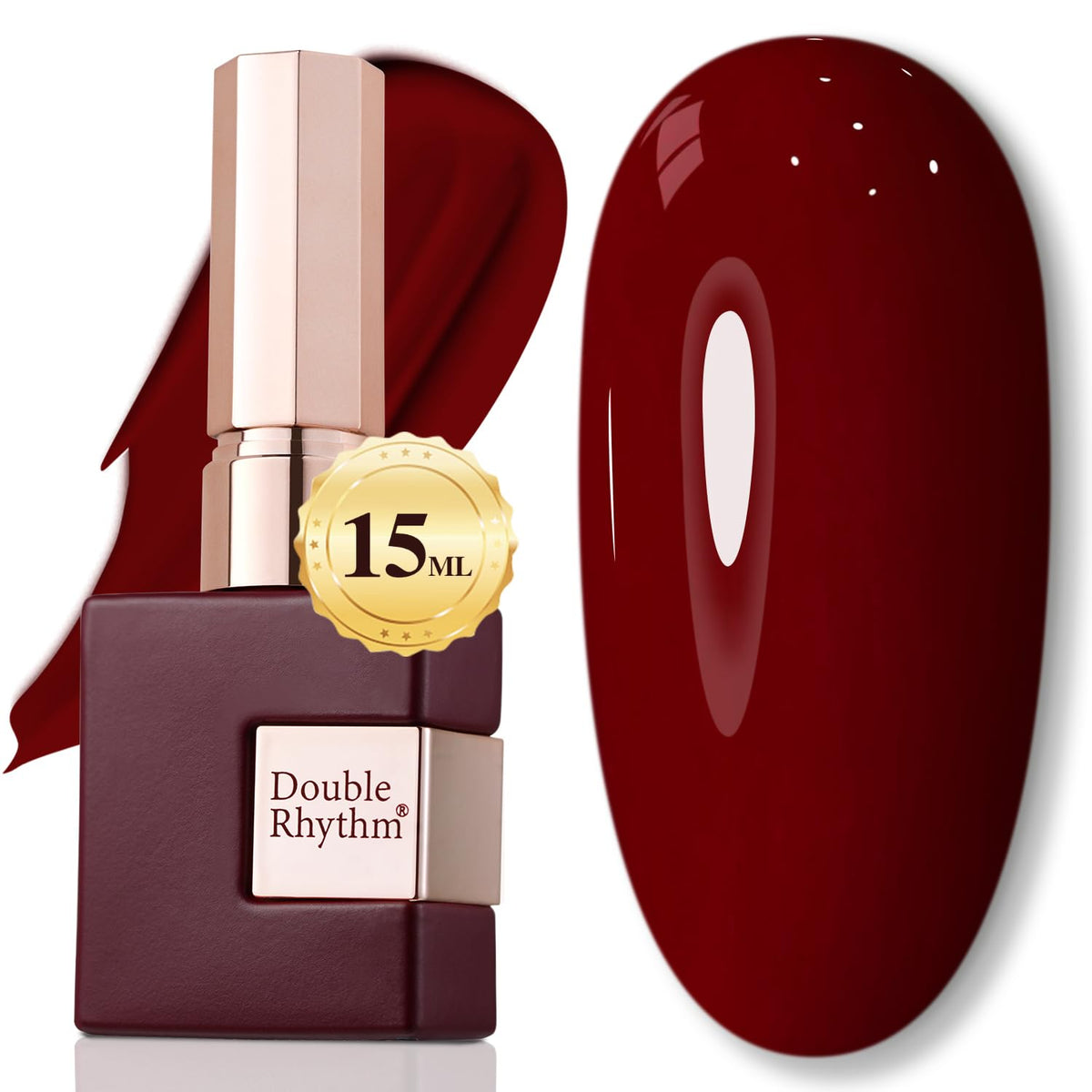 Double Rhythm Burgundy 15ml bottle shows rich color for long-lasting manicure.