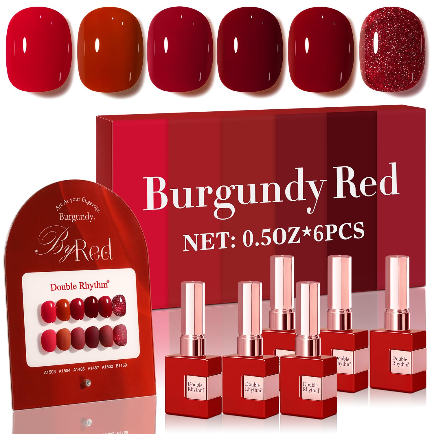 Double Rhythm burgundy glitter gel polish bottle shows rich shimmer for statement nails