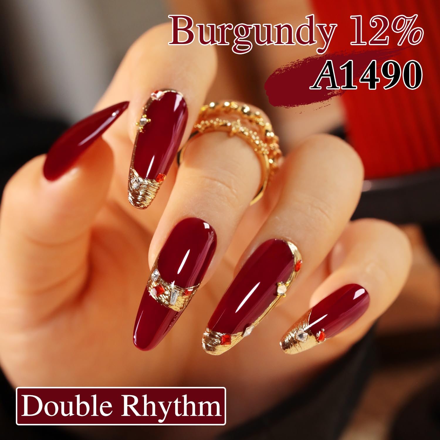Swatch of Double Rhythm burgundy red jelly gel polish on nail
