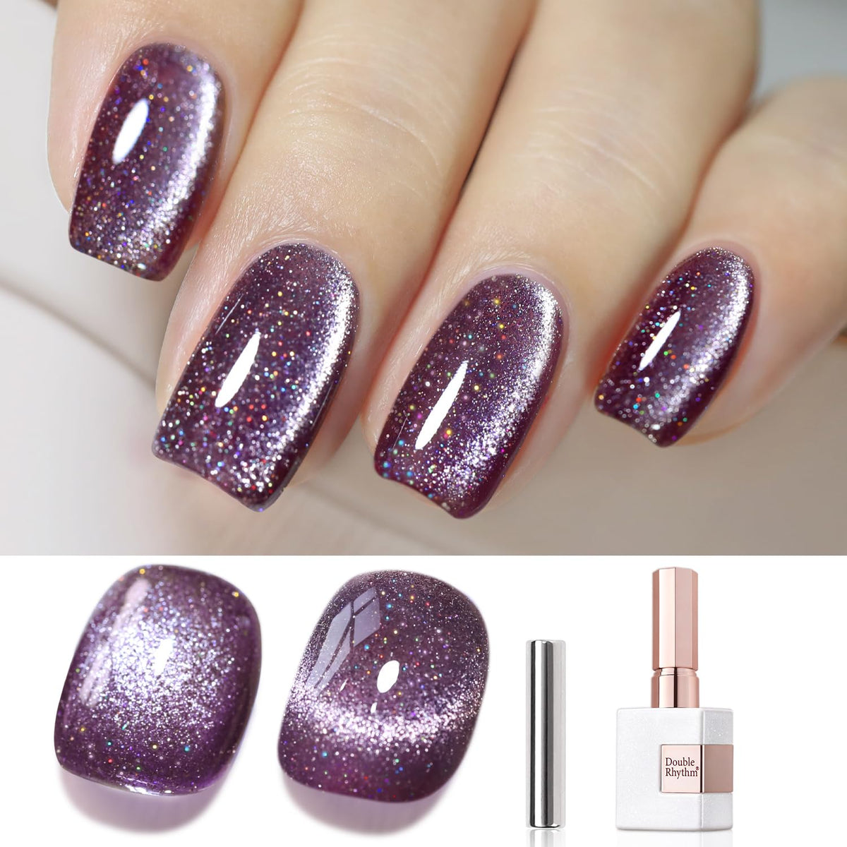 Double Rhythm cat eye gel polish bottle with holographic shimmer for salon-style color at home.