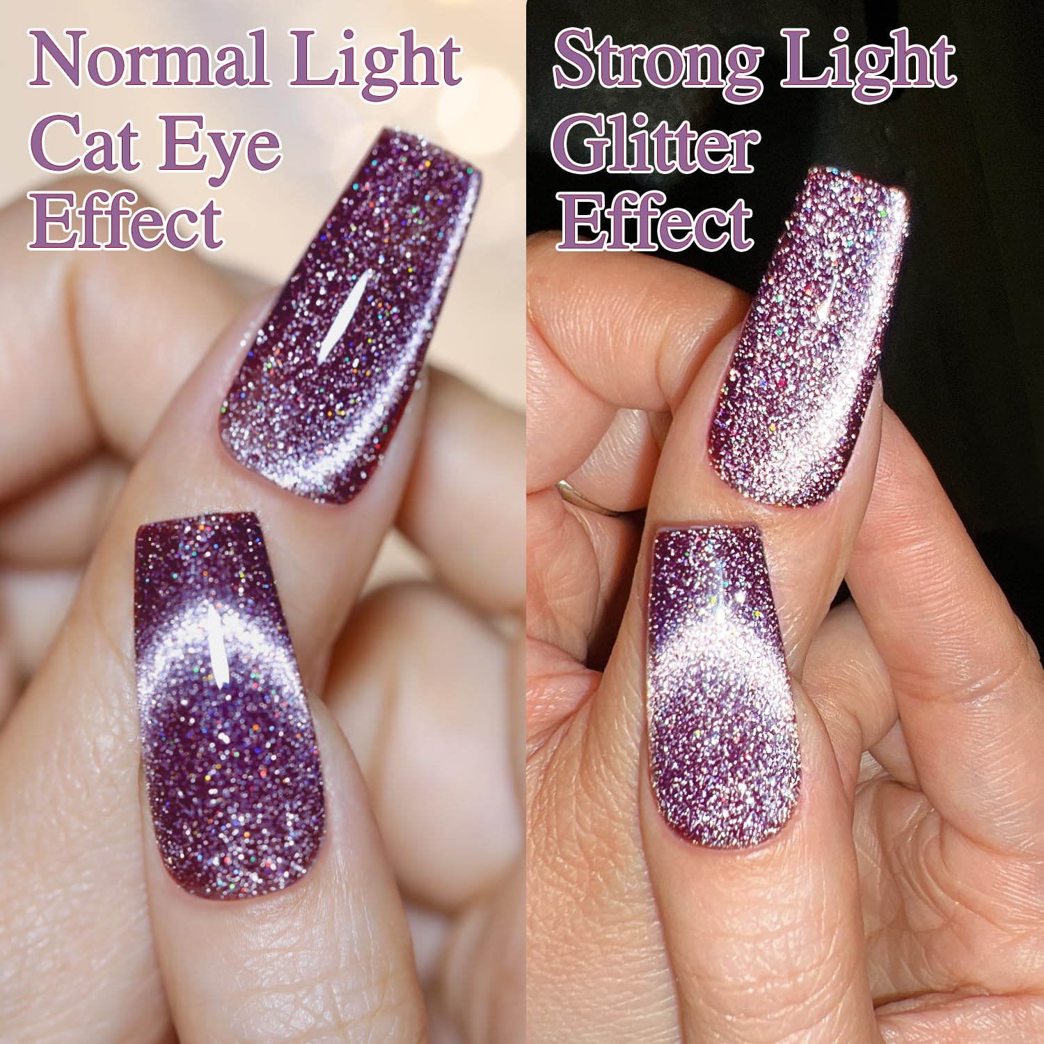 Finished nails display a shimmering cat-eye effect with Double Rhythm gel polish.