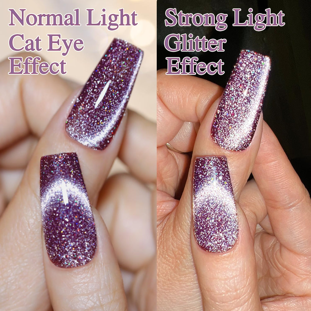 Finished nails display a shimmering cat-eye effect with Double Rhythm gel polish.