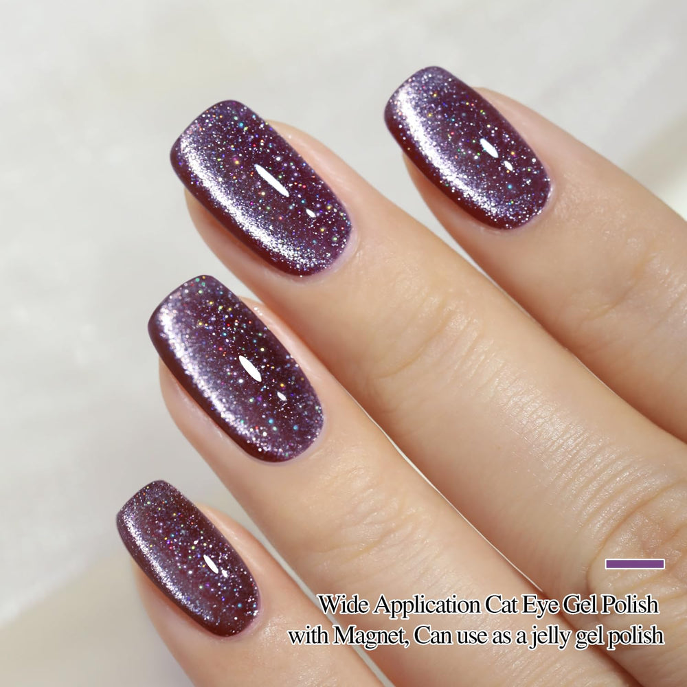 Close-up of holographic glitter in Double Rhythm cat eye polish.