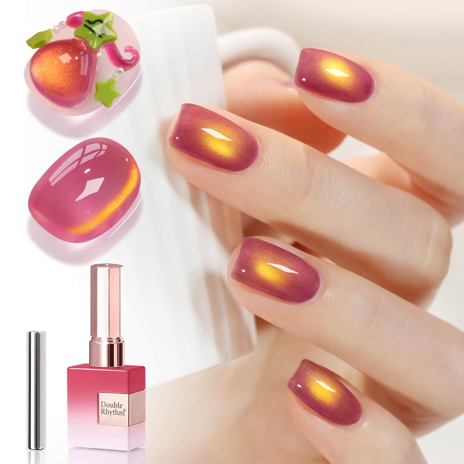 Double Rhythm cat-eye gel polish bottle showing 15ml capacity and jelly color for home nails.