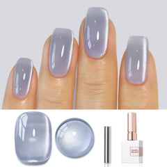 Double Rhythm cat-eye gel polish bottle shows magnetic color shift for stylish nail art.